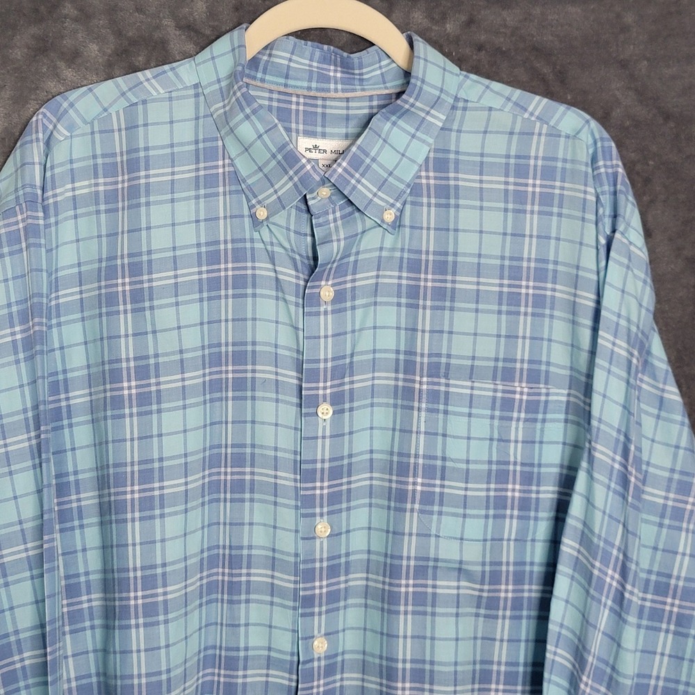 Peter Millar Mens XXL Blue Plaid Island Shirt Long Sleeve Cotton Button Down - Picture 2 of 12